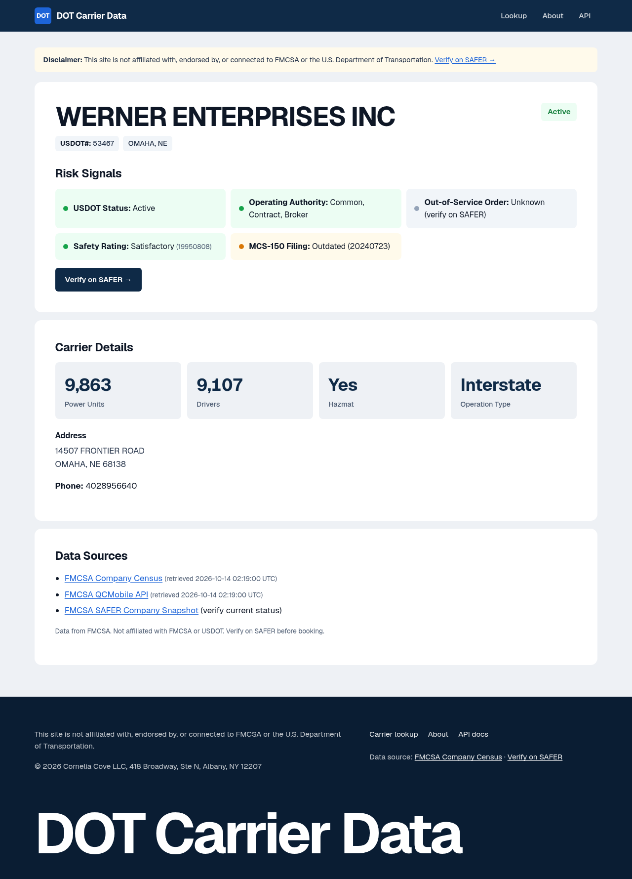 DOT Carrier Data page for Werner Enterprises, USDOT 53467