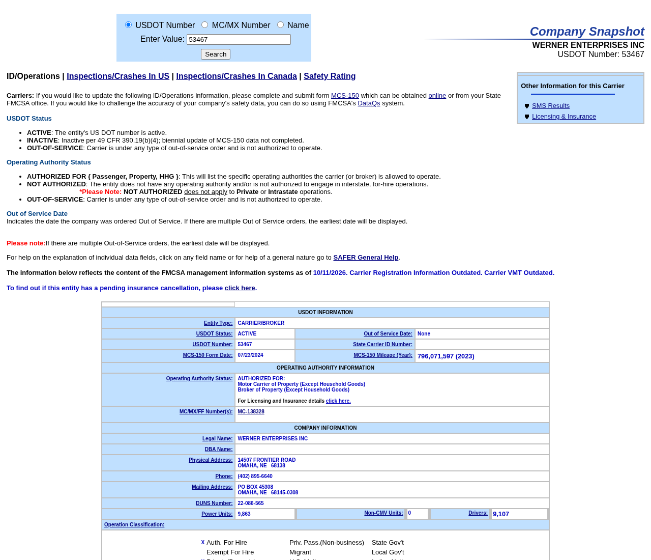 FMCSA SAFER Company Snapshot for USDOT 53467